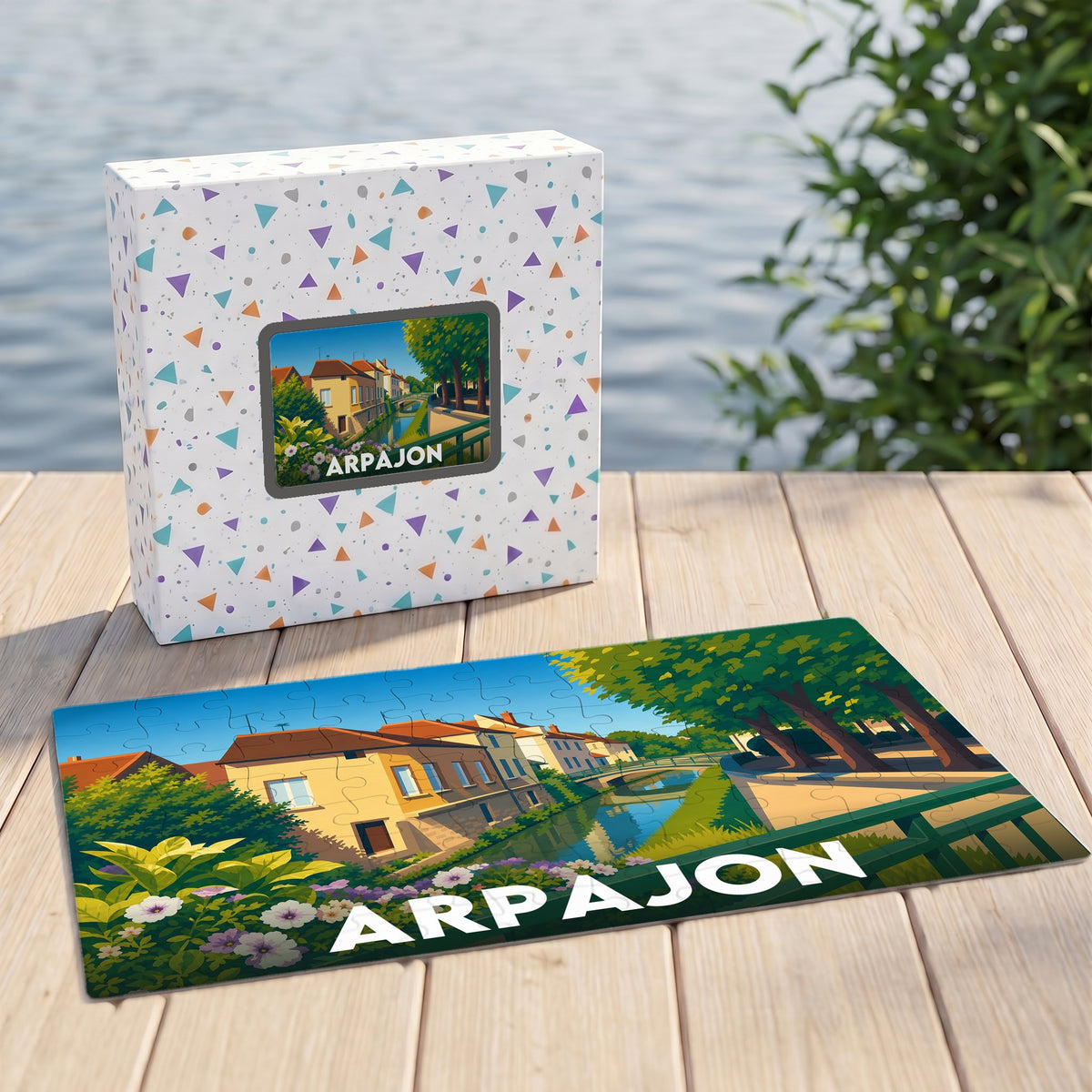 Puzzle souvenir de la ville d'Arpajon présentant une illustration colorée et stylisée de ses canaux.