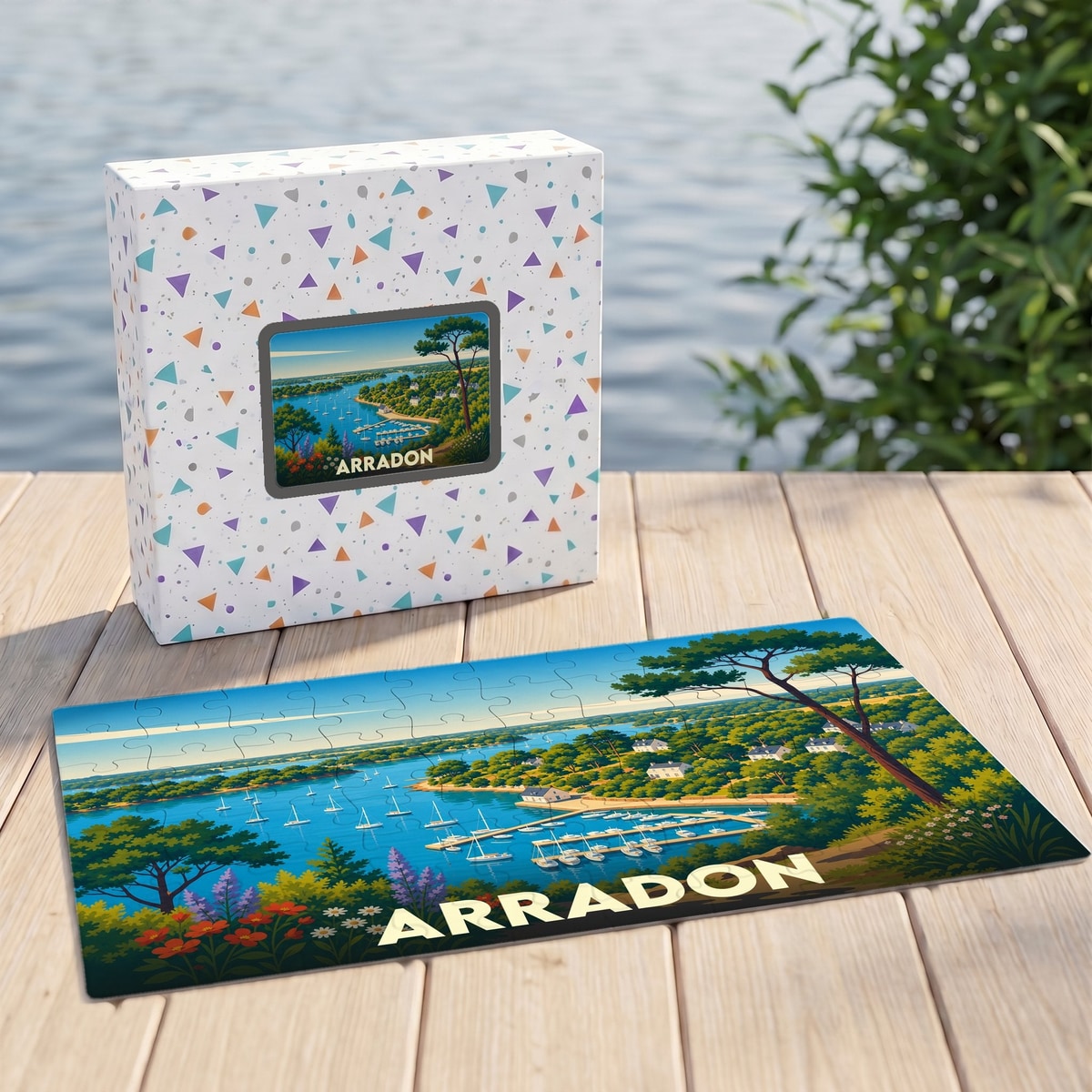 Puzzle souvenir de la ville d'Arradon avec une illustration stylisée d'un paysage côtier breton.