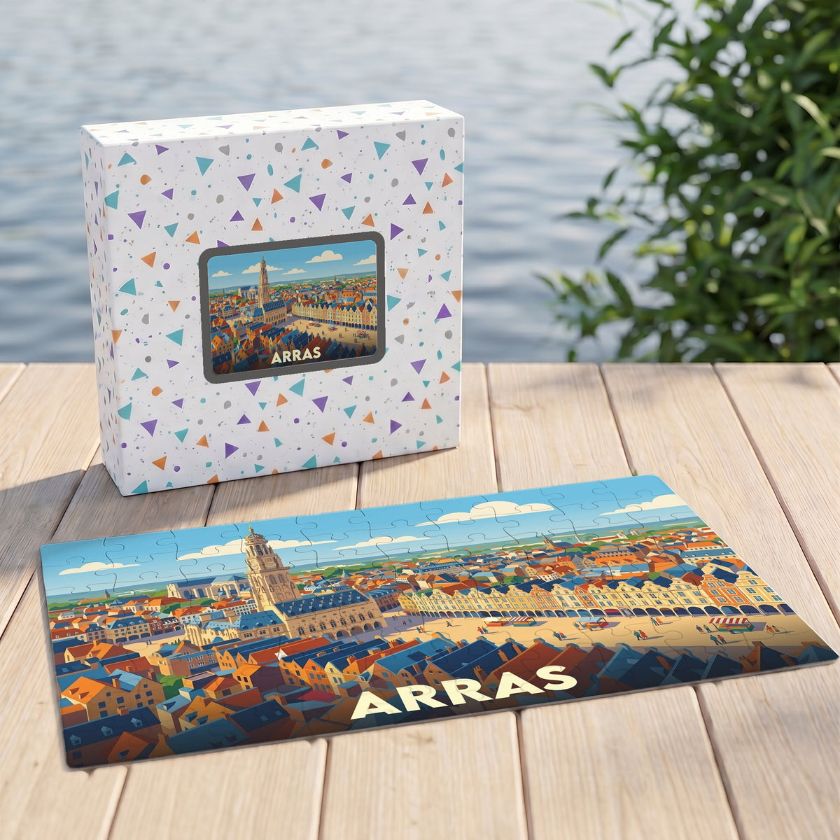 Puzzle souvenir de la ville d'Arras présentant une illustration stylisée de ses places et de son beffroi.