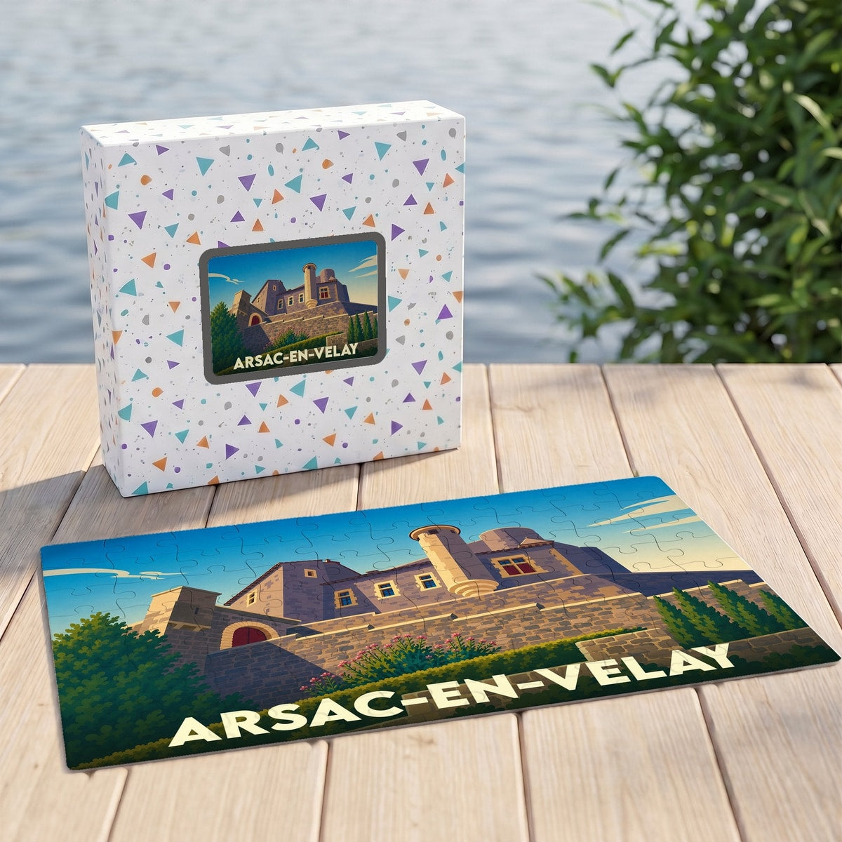 Puzzle souvenir de la ville de Arsac-en-Velay avec une illustration stylisée de son château.