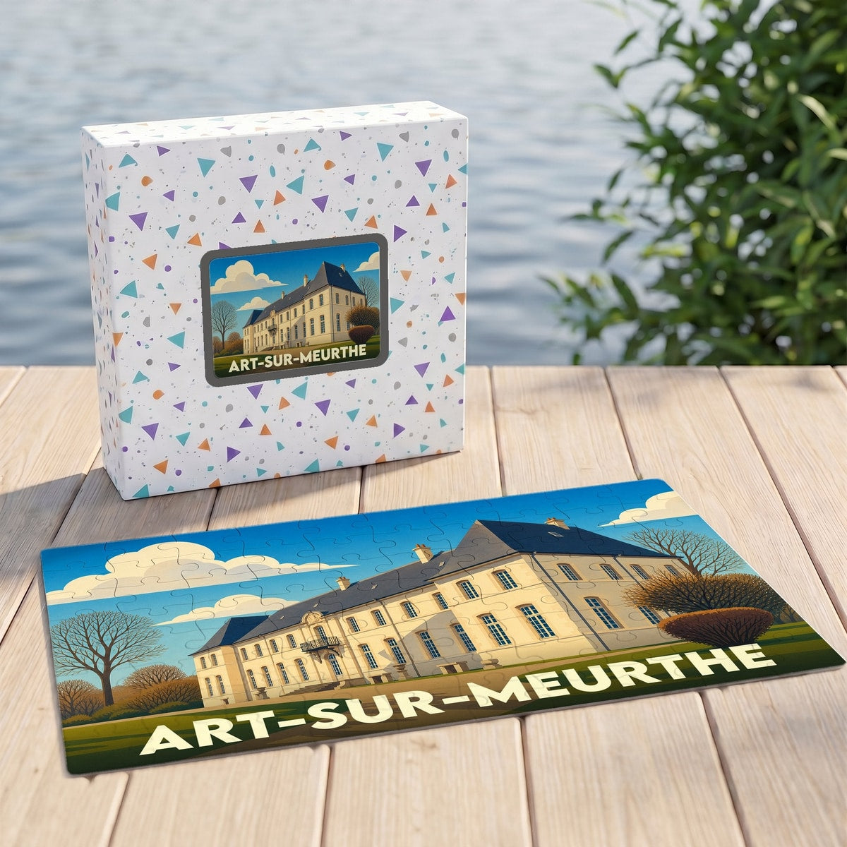 Puzzle souvenir de la ville d'Art-sur-Meurthe avec une illustration stylisée du château local.