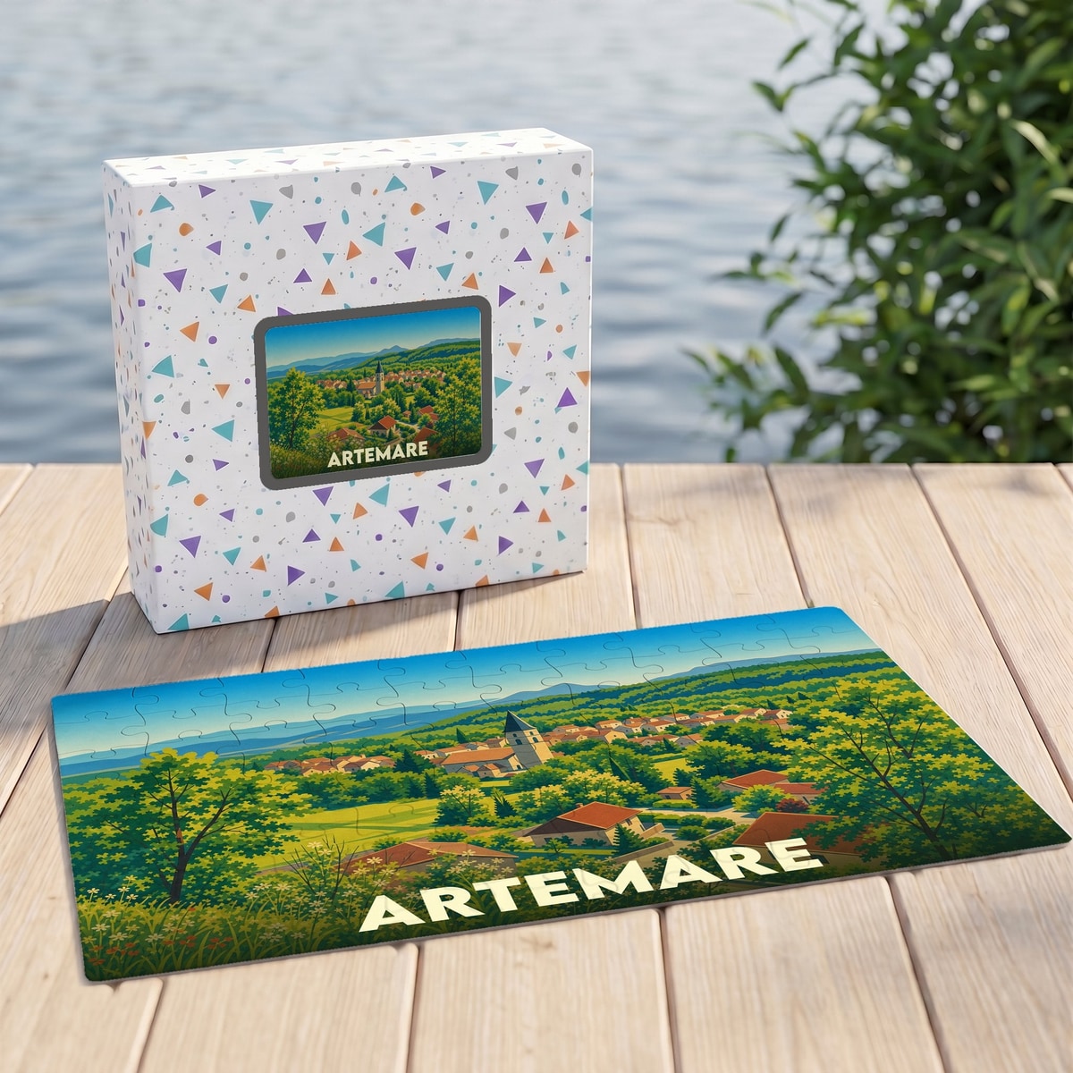 Puzzle souvenir de la ville d'Artemare illustrant un paysage verdoyant sur sa boîte et ses pièces assemblées.