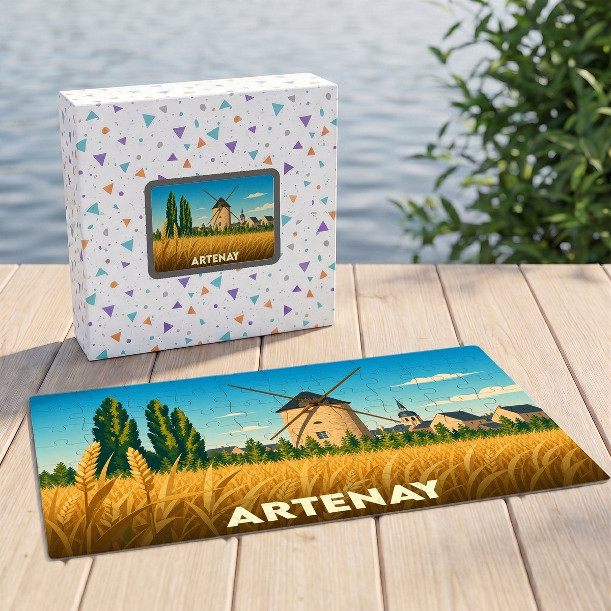 Puzzle souvenir de la ville d'Artenay représentant un moulin au milieu d'un champ de blé.