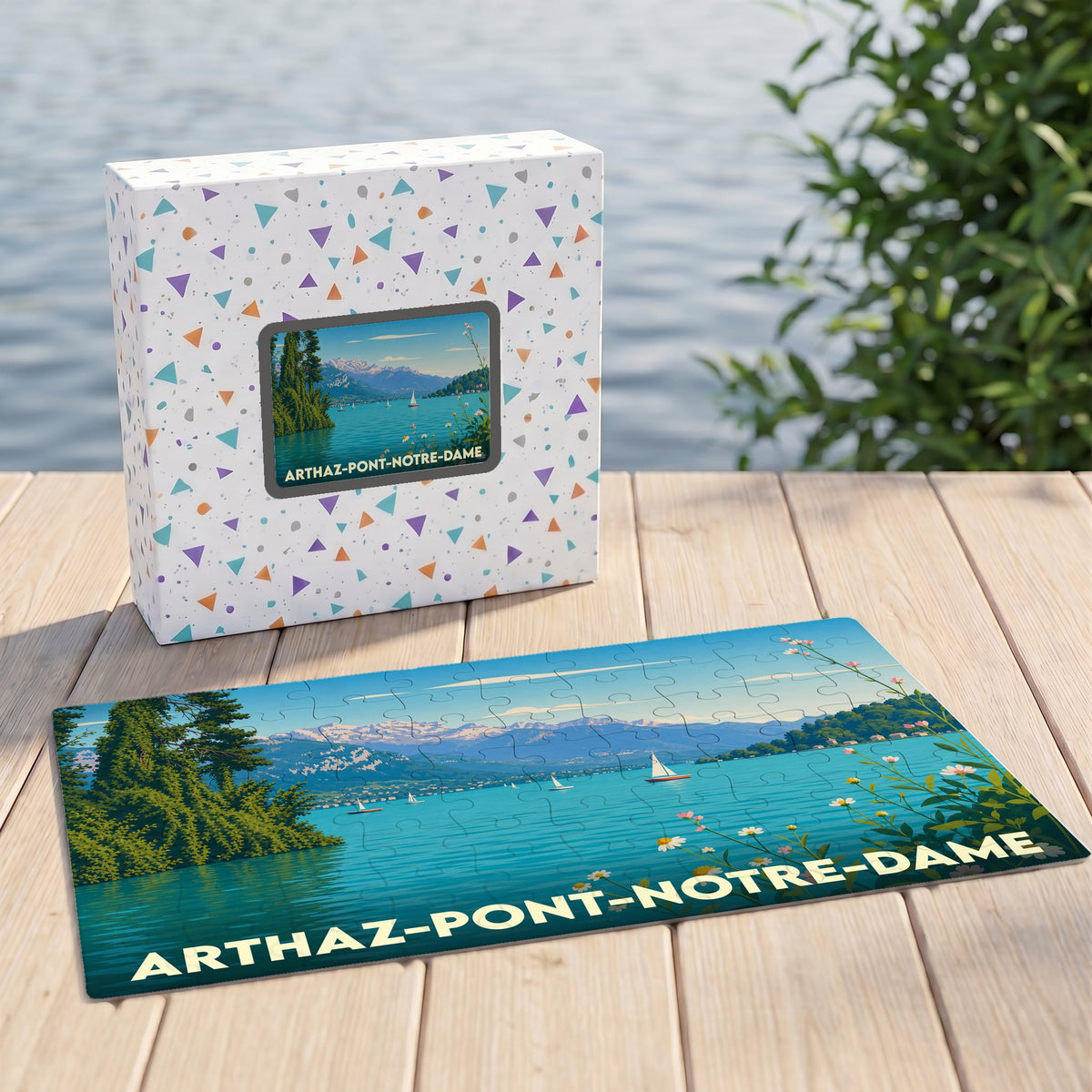 Puzzle souvenir de la ville d'Arthaz-Pont-Notre-Dame avec une illustration stylisée d'un lac de montagne.