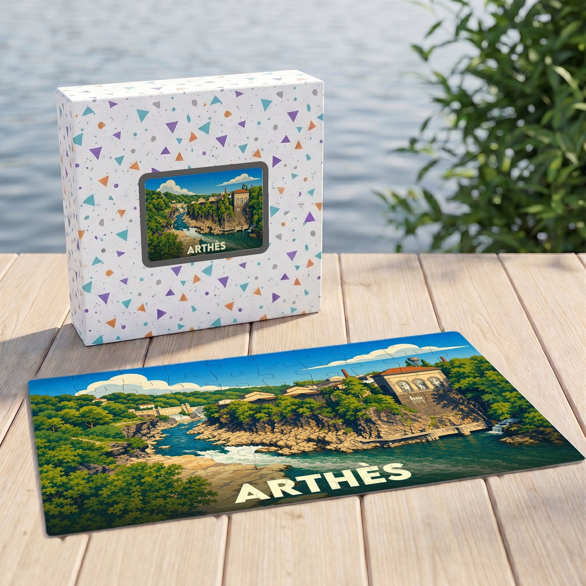 Puzzle souvenir de la ville d'Arthès avec une illustration stylisée de ses paysages naturels et bâtis.