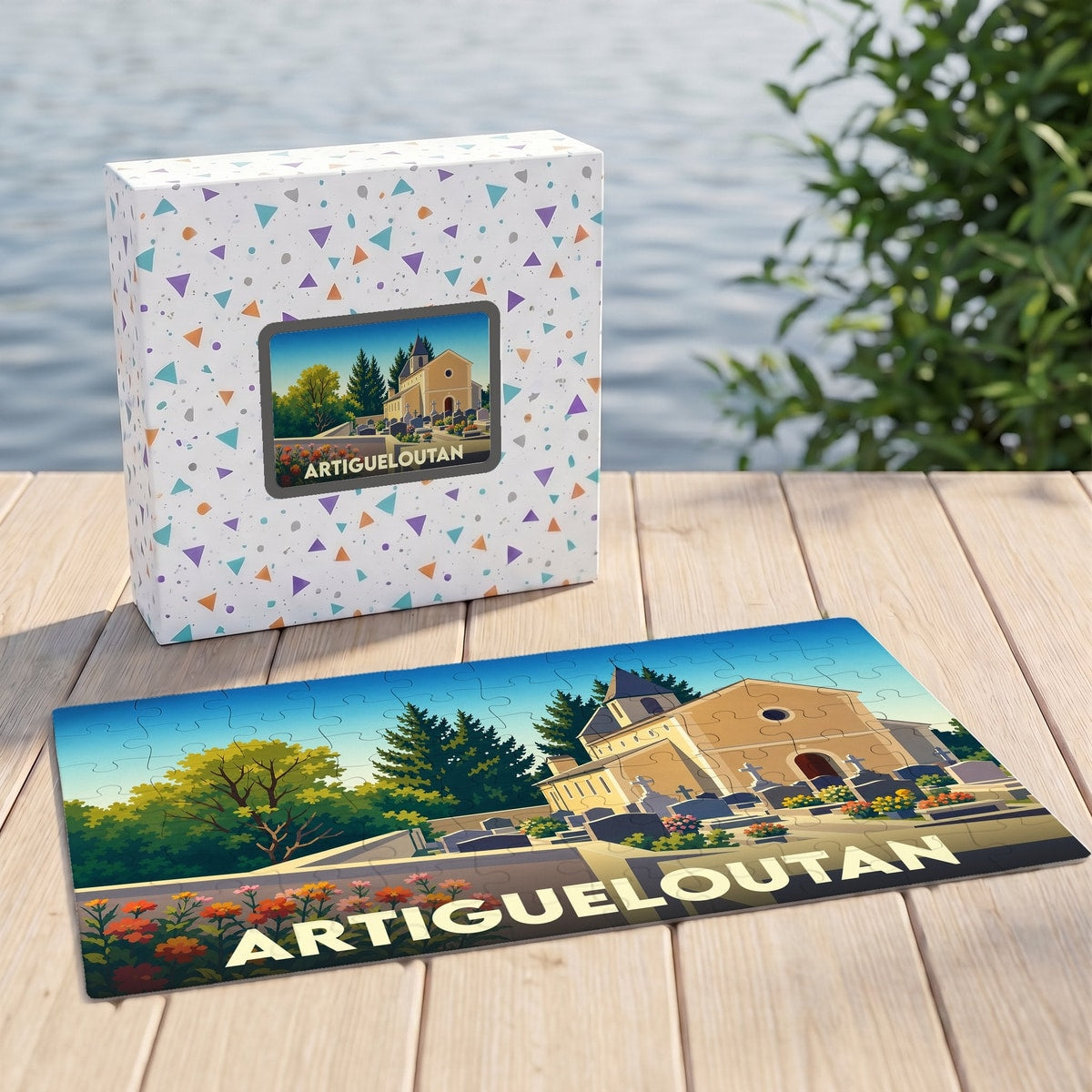 Puzzle souvenir de la ville d'Artigueloutan illustrant une église et son cimetière dans un style graphique épuré.