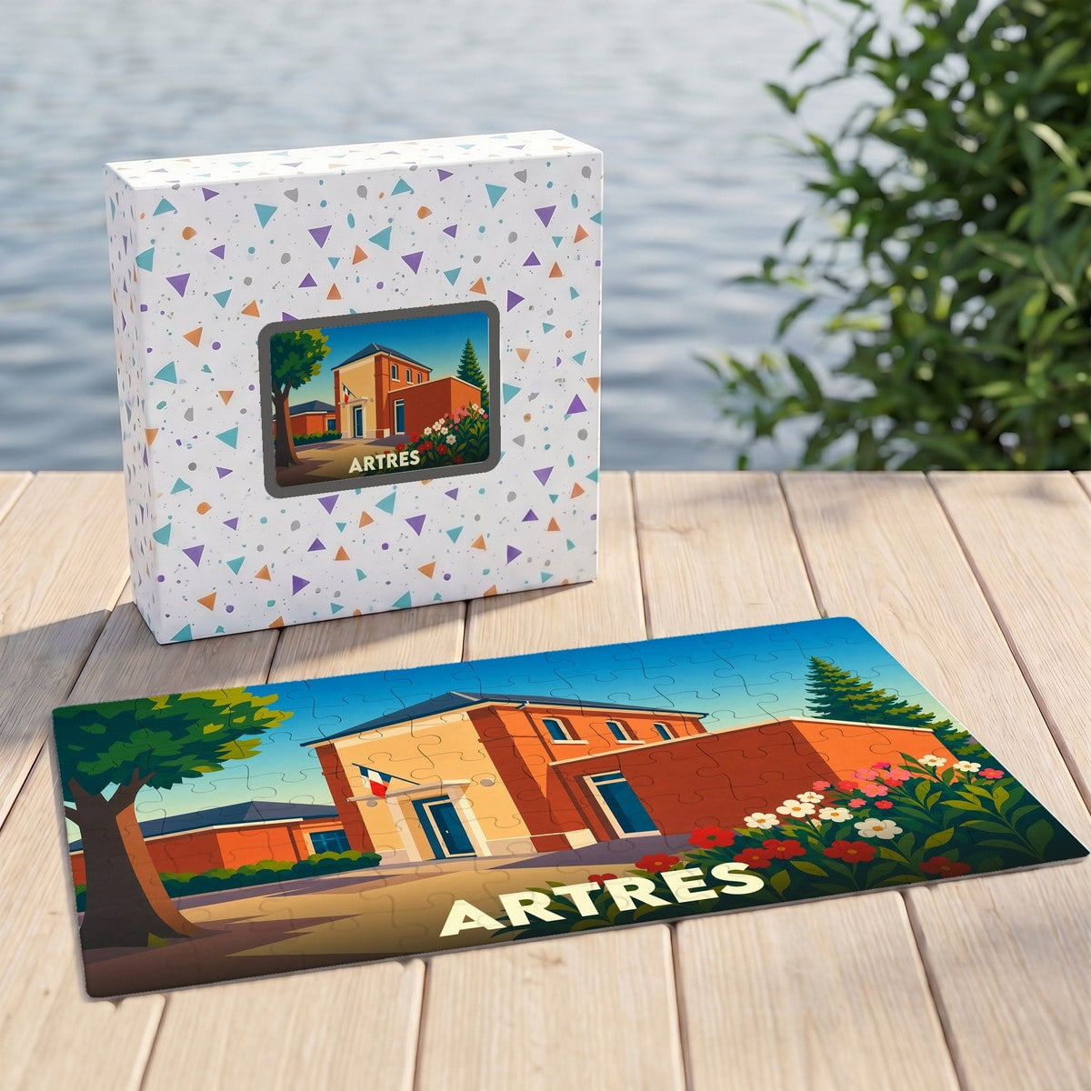 Puzzle souvenir de la ville de Artres avec une illustration stylisée de sa mairie.