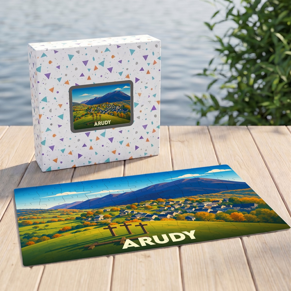 Puzzle souvenir de la ville d'Arudy représentant un paysage vallonné avec ses trois croix emblématiques.