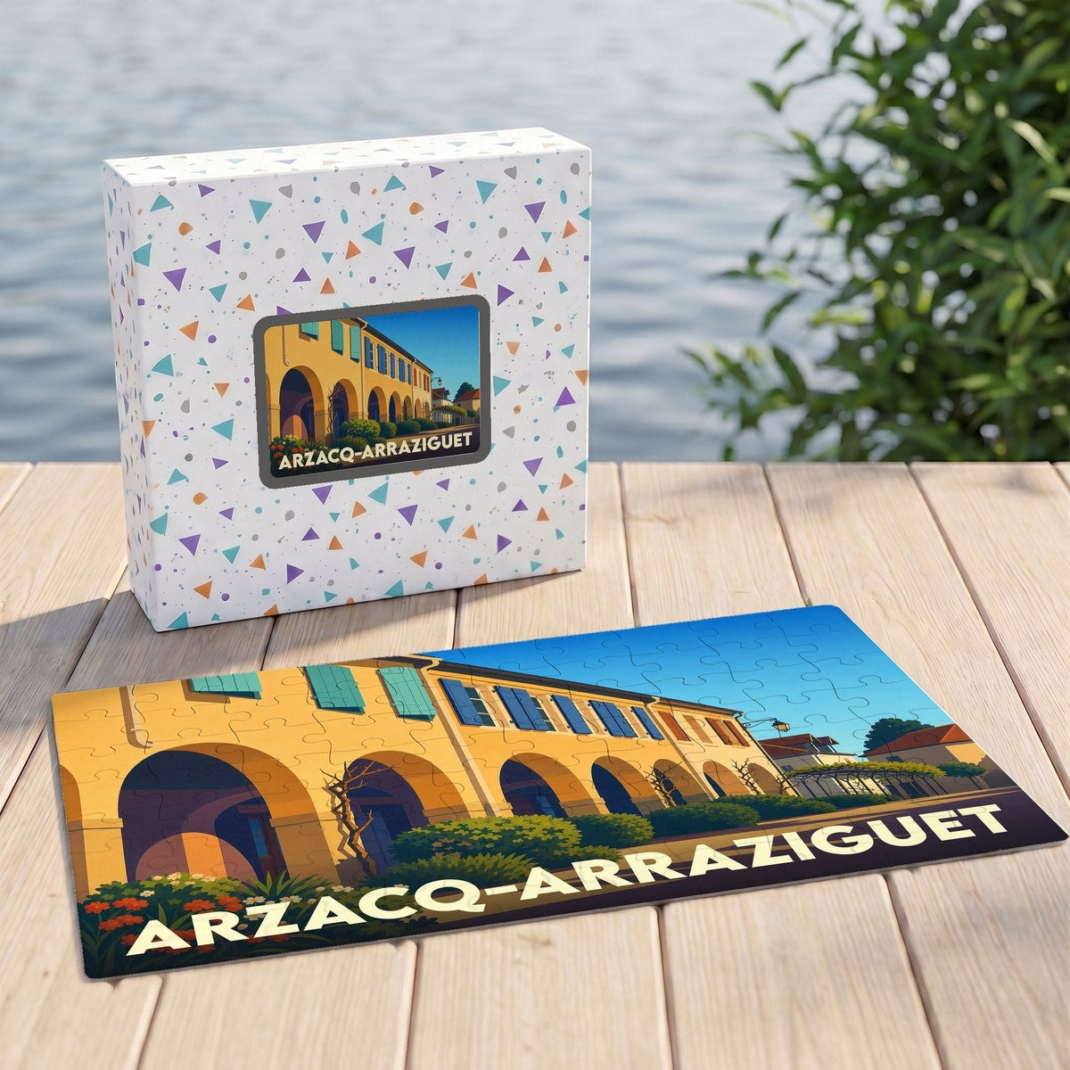 Puzzle souvenir de la ville d'Arzacq-Arraziguet avec une illustration stylisée et colorée de ses arcades.