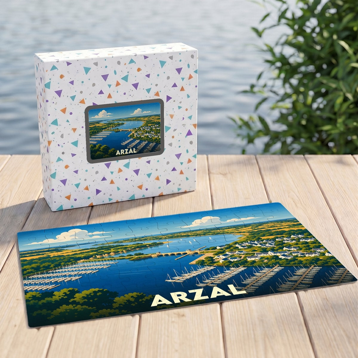 Puzzle souvenir de la ville d'Arzal avec une illustration stylisée de son port et de son barrage.