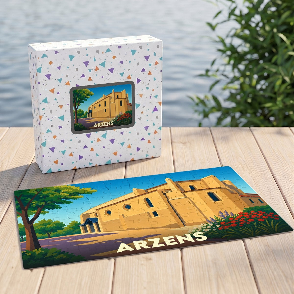 Puzzle souvenir de la ville d'Arzens avec une illustration stylisée de son église.