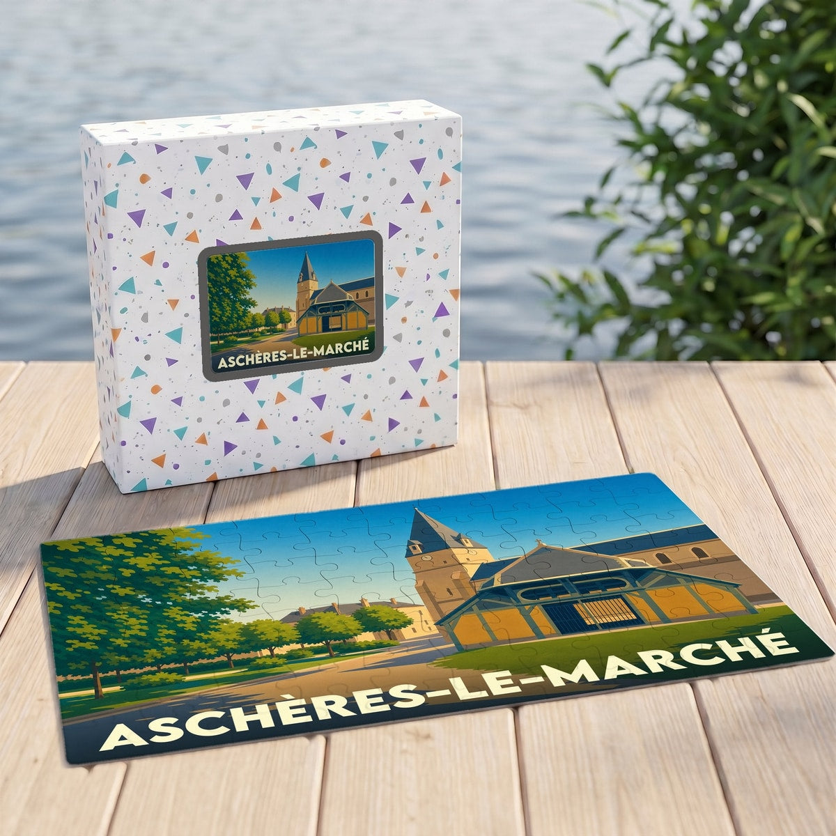 Puzzle souvenir de la ville d'Aschères-le-Marché avec une illustration stylisée de ses monuments emblématiques.