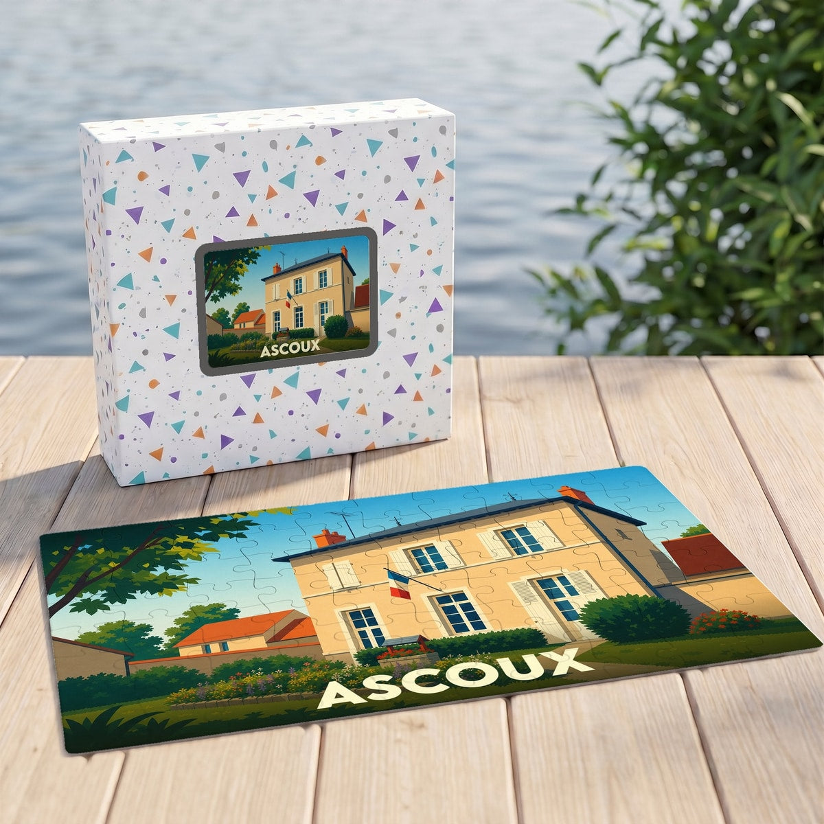 Puzzle souvenir de la ville d'Ascoux avec une illustration stylisée d'un bâtiment typique.