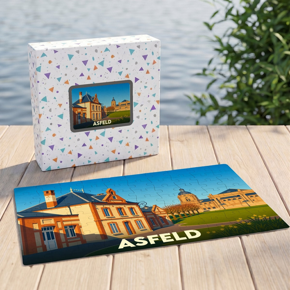 Puzzle souvenir de la ville d'Asfeld avec son illustration stylisée et sa boîte assortie.