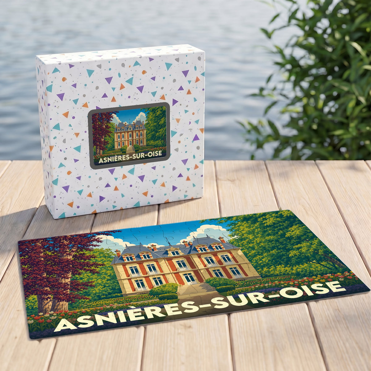 Puzzle souvenir de la ville d'Asnières-sur-Oise avec une illustration stylisée d'un château.