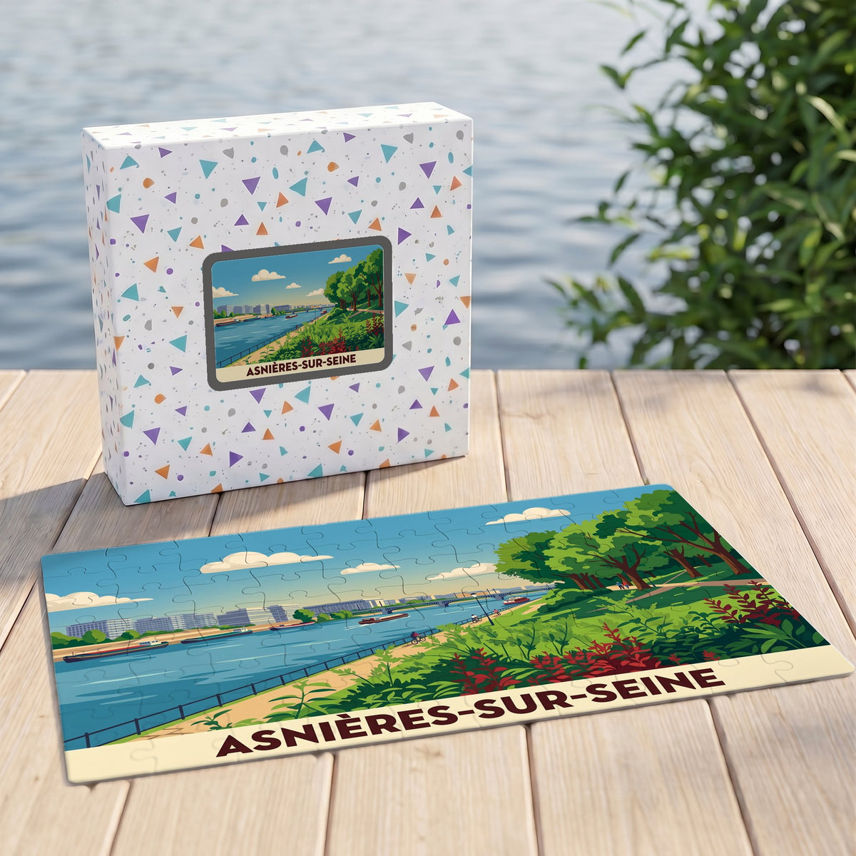 Puzzle souvenir de la ville de Asnières-sur-Seine avec une illustration stylisée de ses bords de Seine.
