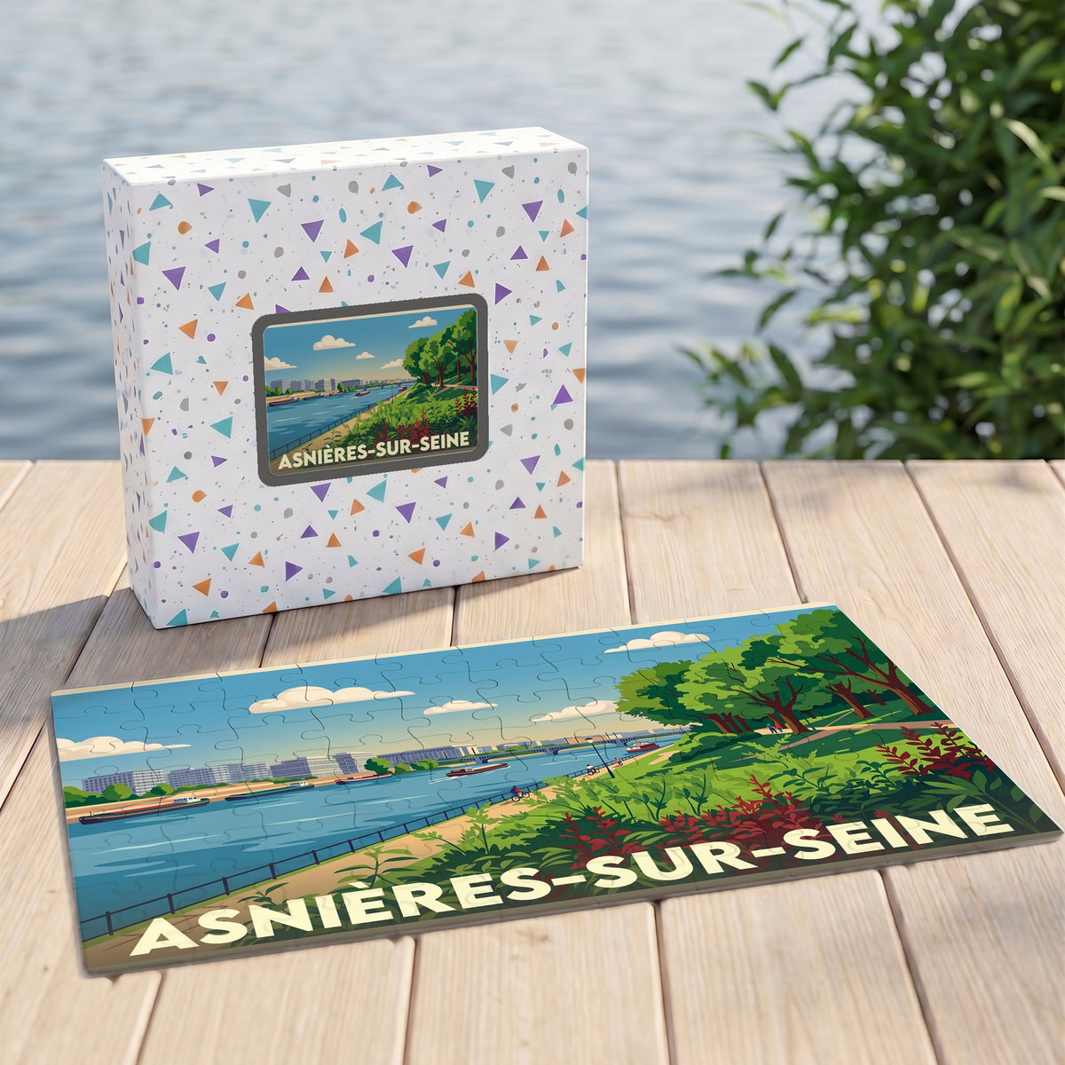 Puzzle souvenir de la ville de Asnières-sur-Seine avec une illustration stylisée de ses bords de Seine.