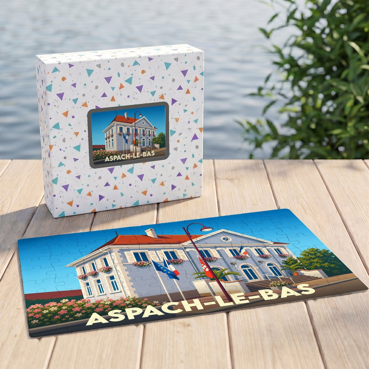 Puzzle souvenir de la ville d'Aspach-le-Bas avec une illustration stylisée de son hôtel de ville.