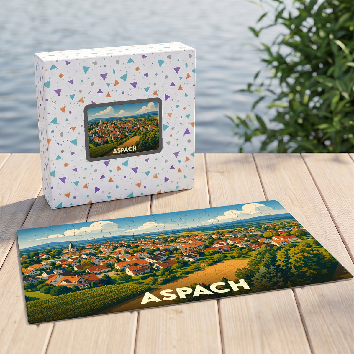 Puzzle souvenir de la ville d'Aspach avec une illustration panoramique stylisée.