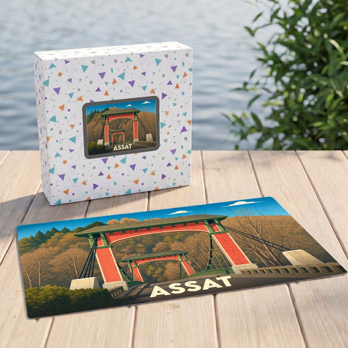 Puzzle souvenir de la ville de Assat représentant un pont illustré dans un style rétro.
