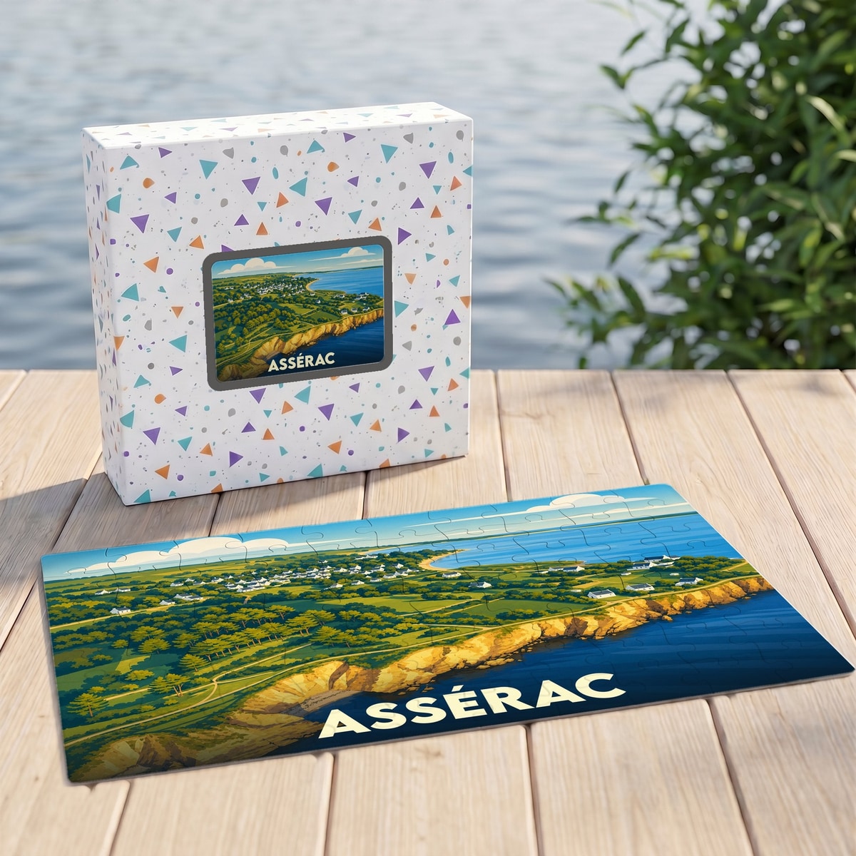 Puzzle souvenir de la ville d'Assérac représentant un paysage côtier illustré avec son coffret assorti.