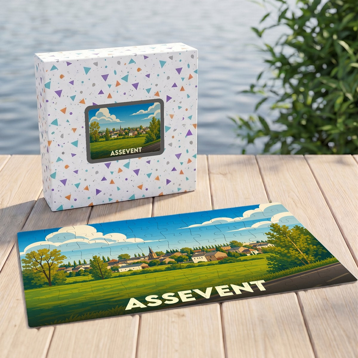 Puzzle souvenir de la ville d'Assevent avec une illustration stylisée de son paysage champêtre.