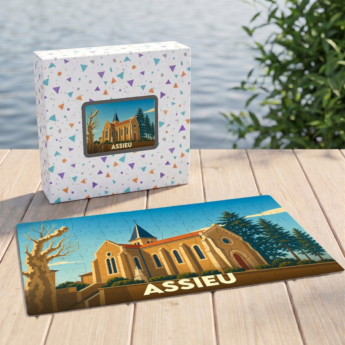 Puzzle souvenir de la ville d'Assieu illustrant son église dans un style graphique épuré.