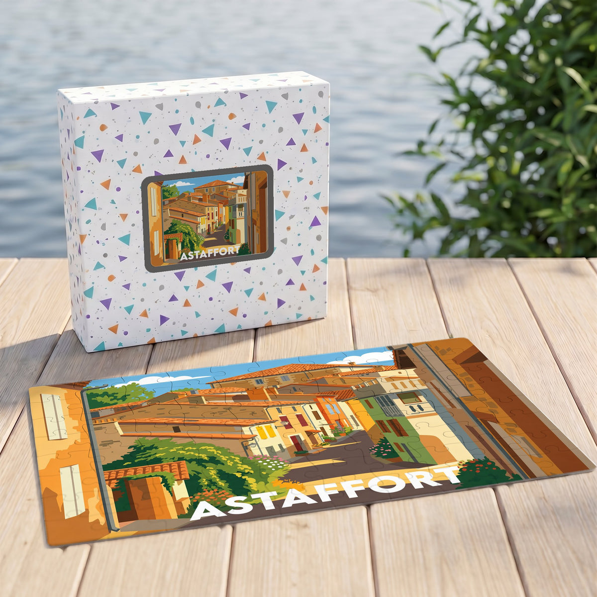 Puzzle souvenir de la ville de Astaffort avec une illustration stylisée d'une rue ensoleillée.