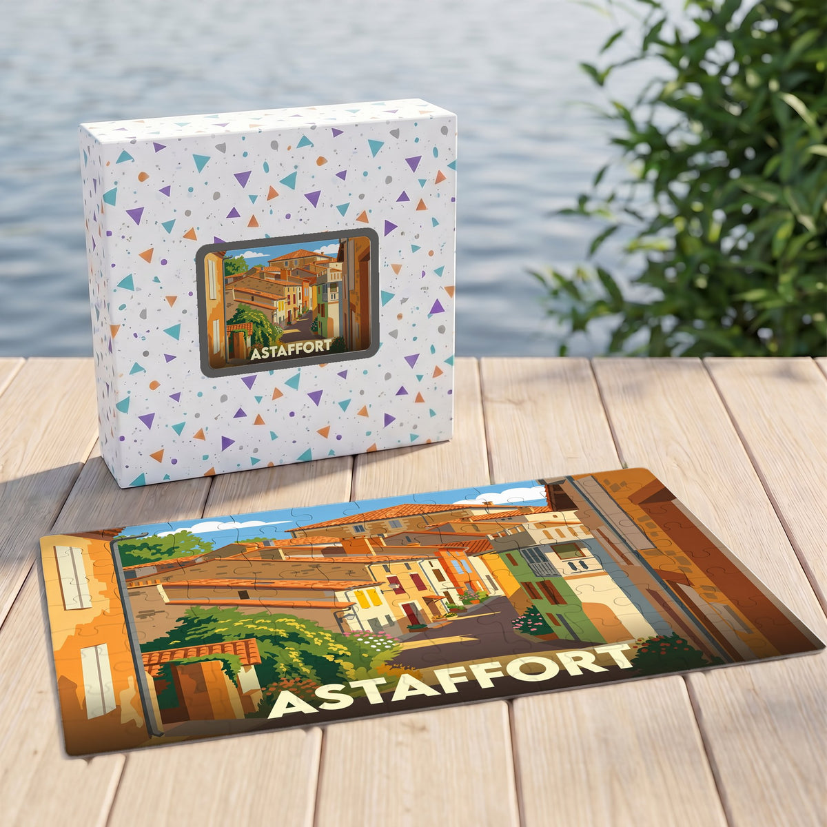 Puzzle souvenir de la ville de Astaffort avec une illustration stylisée d'une rue ensoleillée.
