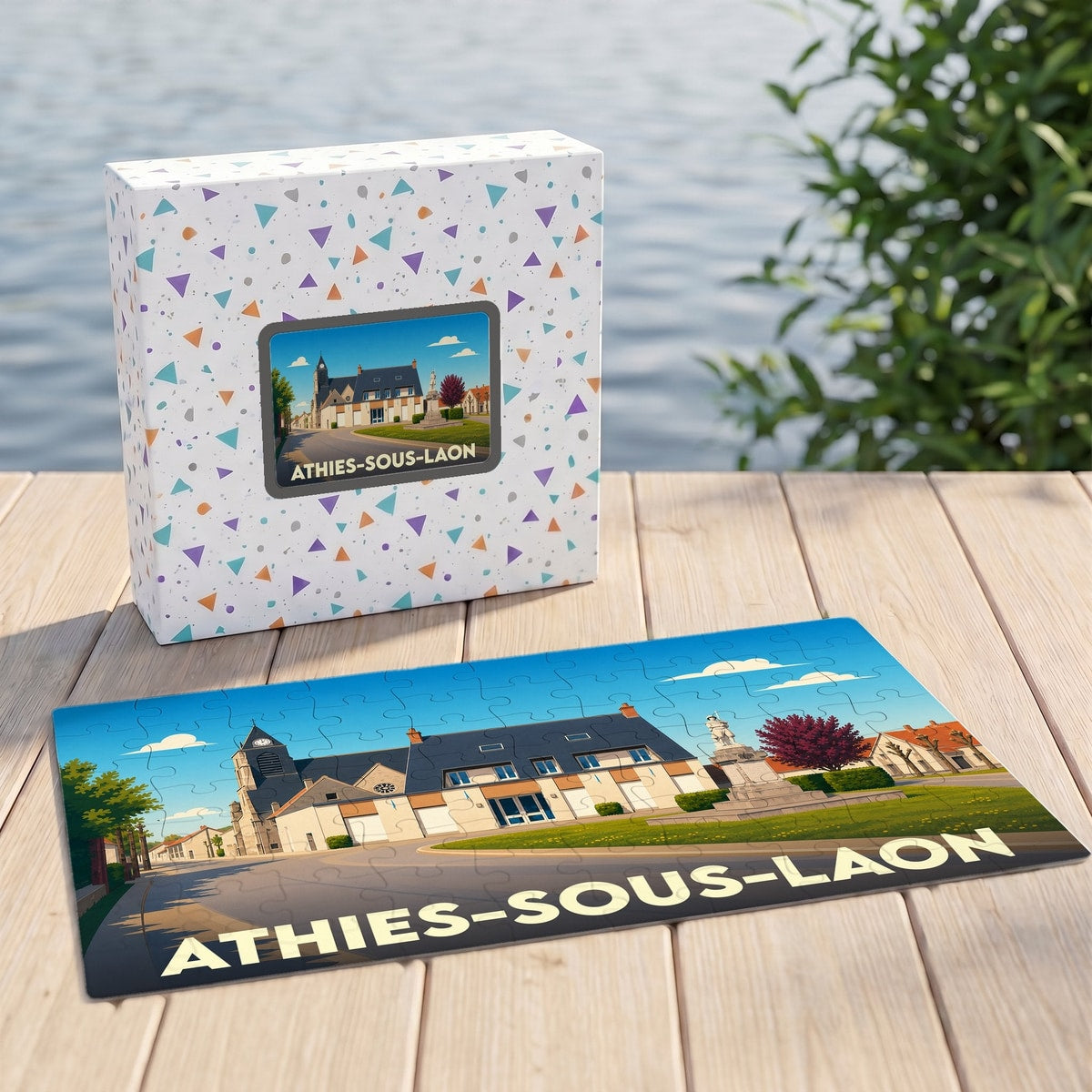 Puzzle souvenir de la ville de Athies-sous-Laon avec une illustration stylisée de son église et de sa place.