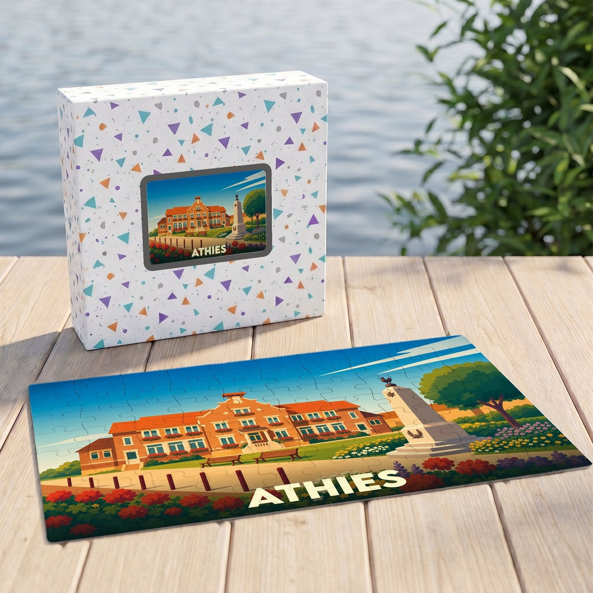 Puzzle souvenir de la ville de Athies avec une illustration colorée de son patrimoine architectural.