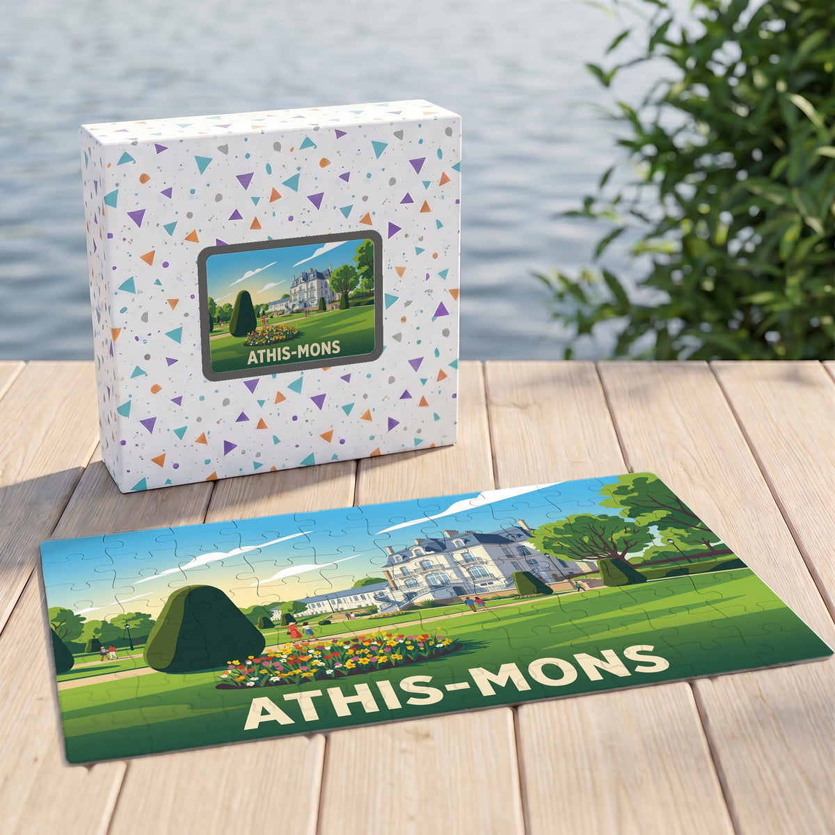 Puzzle souvenir de la ville d'Athis-Mons avec une illustration stylisée de son château et de ses jardins.