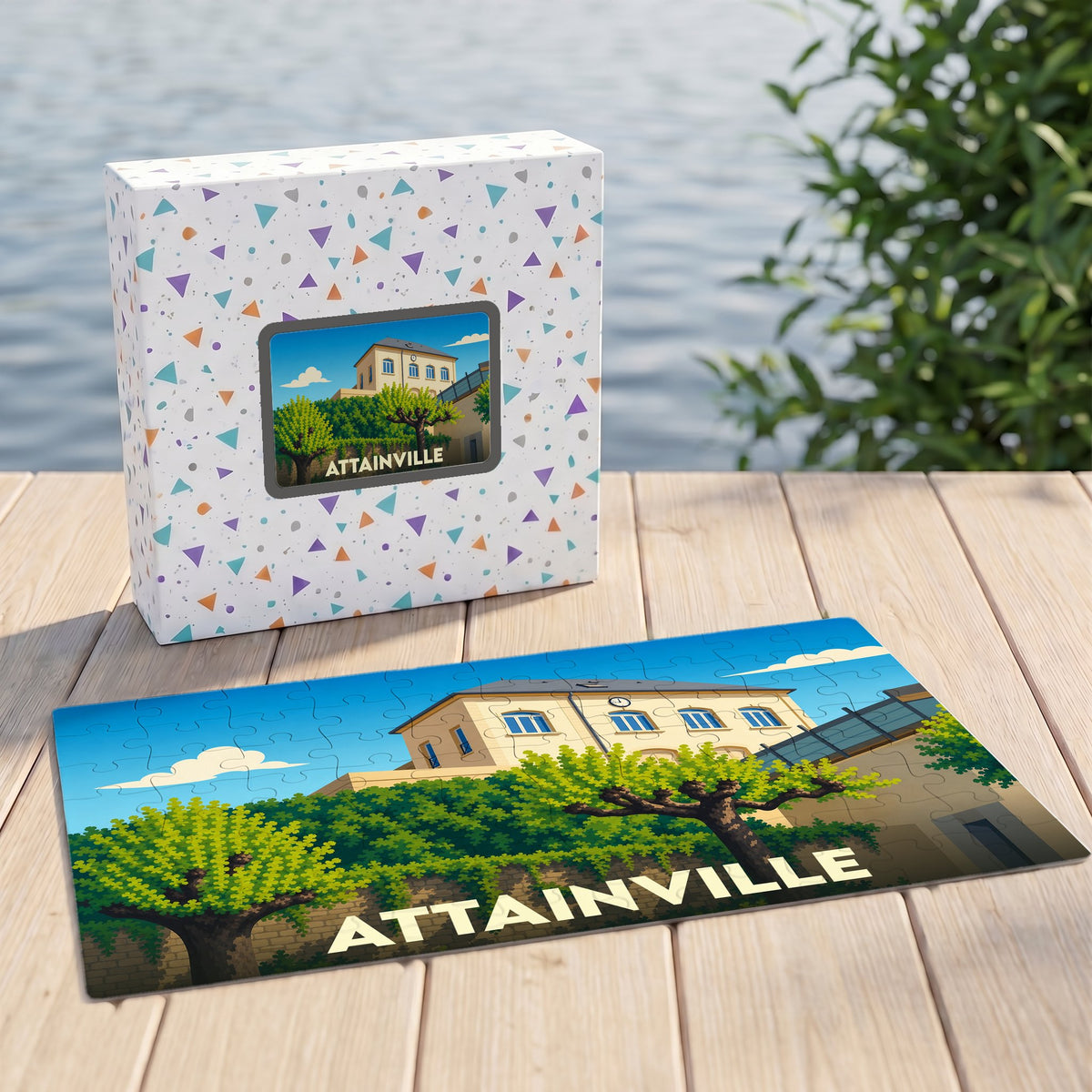 Puzzle souvenir de la ville d'Attainville avec une illustration stylisée et colorée.