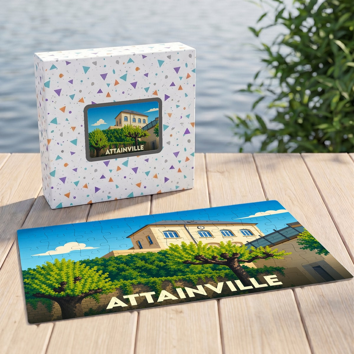 Puzzle souvenir de la ville d'Attainville avec une illustration stylisée et colorée.