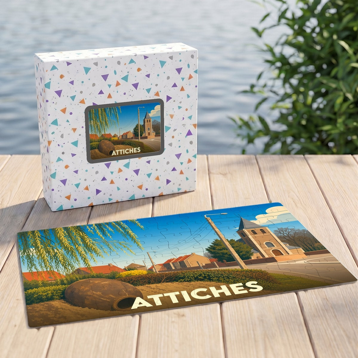 Puzzle souvenir de la ville d'Attiches avec une illustration stylisée d'un paysage urbain.