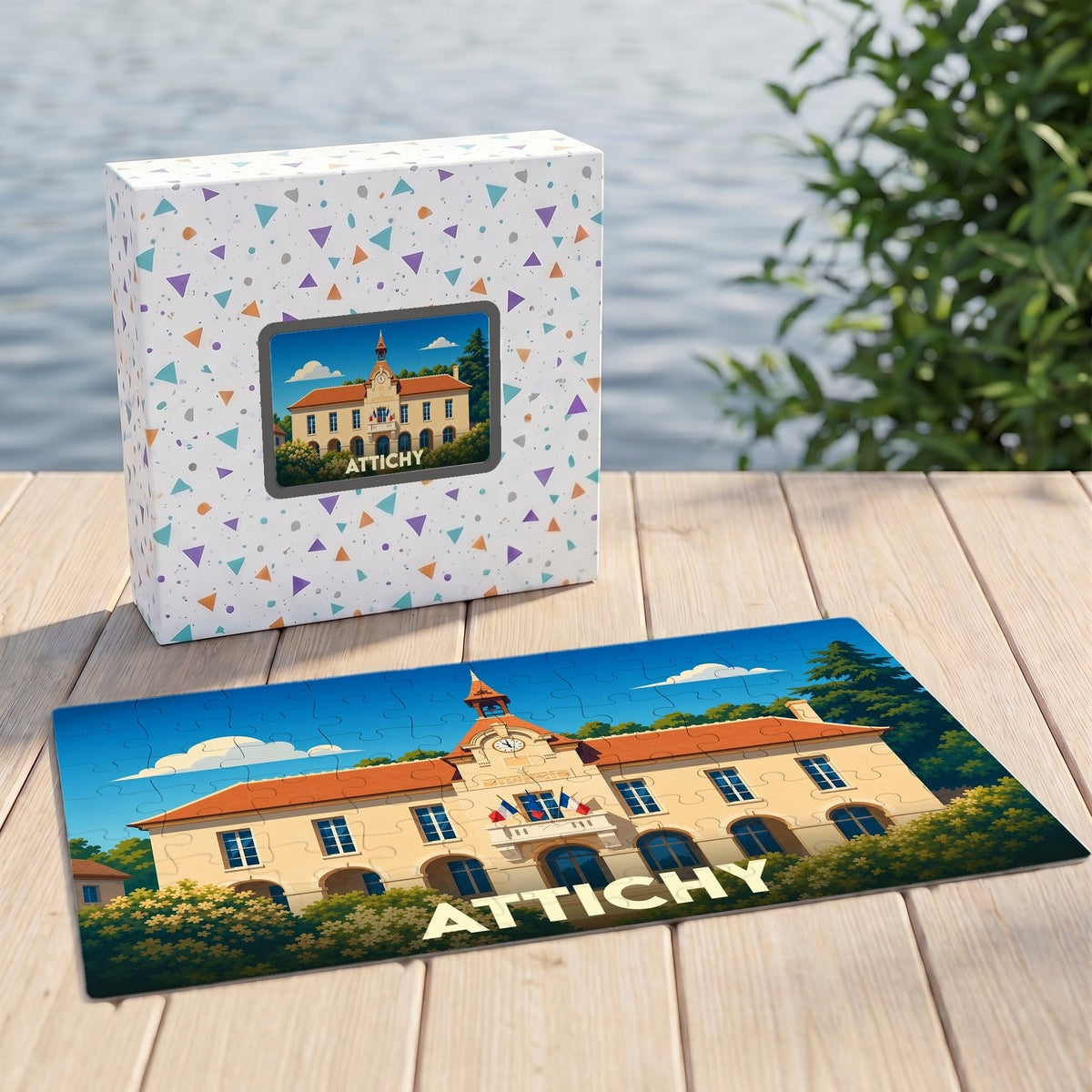 Puzzle souvenir de la ville de Attichy avec une illustration stylisée de sa mairie.