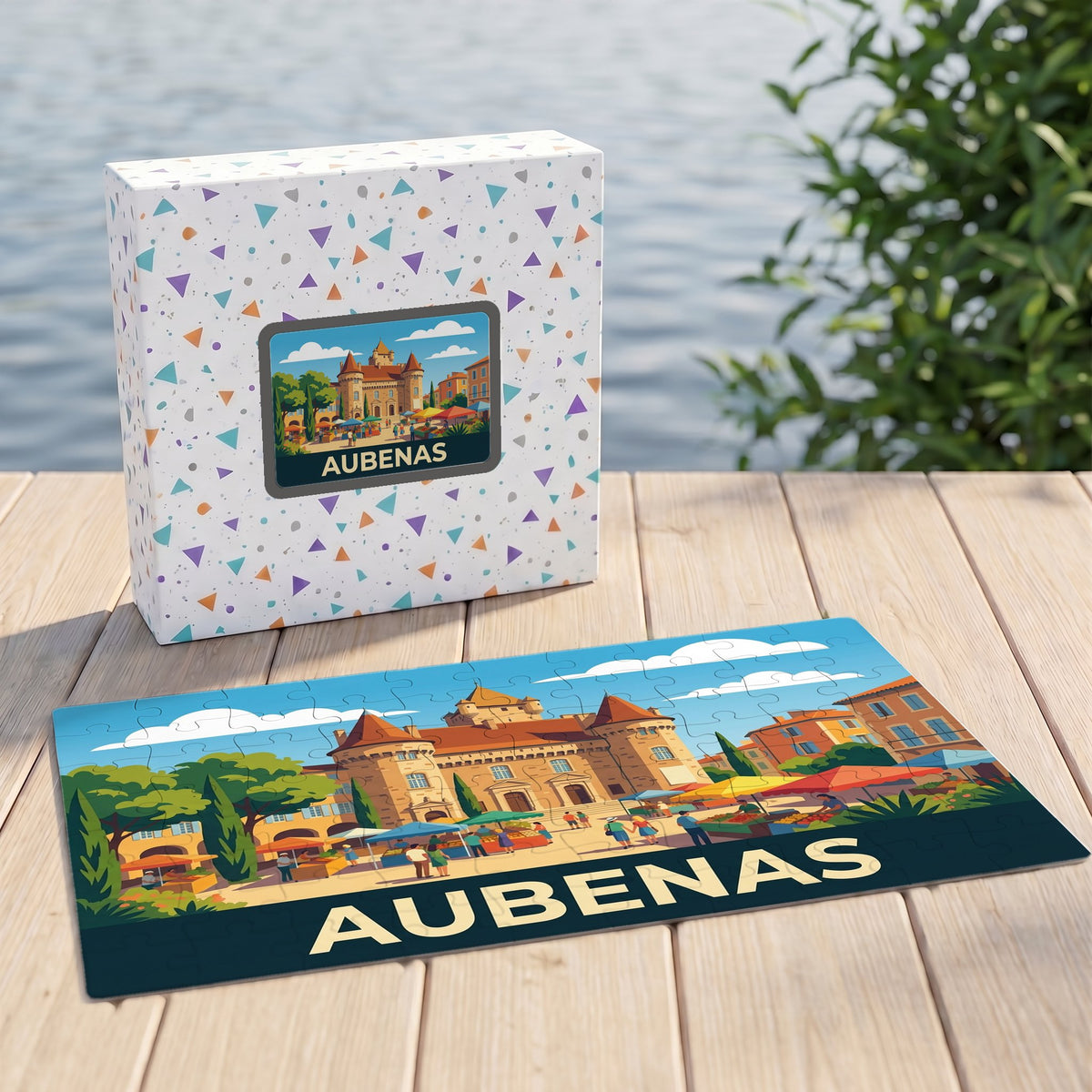 Puzzle souvenir de la ville d'Aubenas avec une illustration stylisée de son château et de son marché.