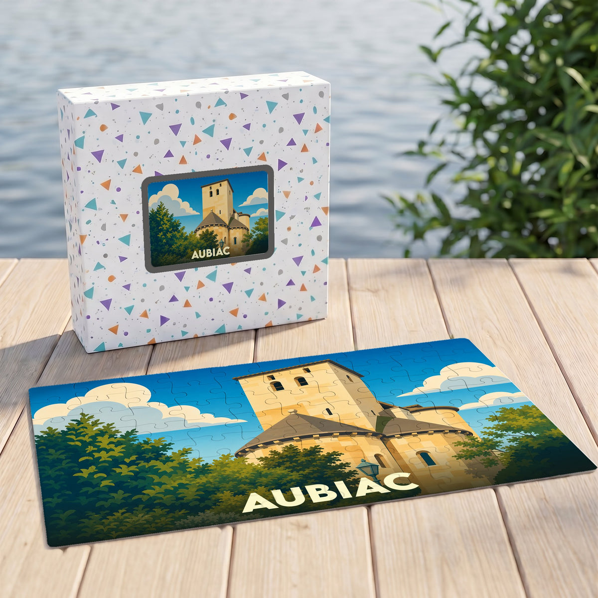 Puzzle souvenir de la ville d'Aubiac illustrant son église fortifiée dans un style graphique épuré.