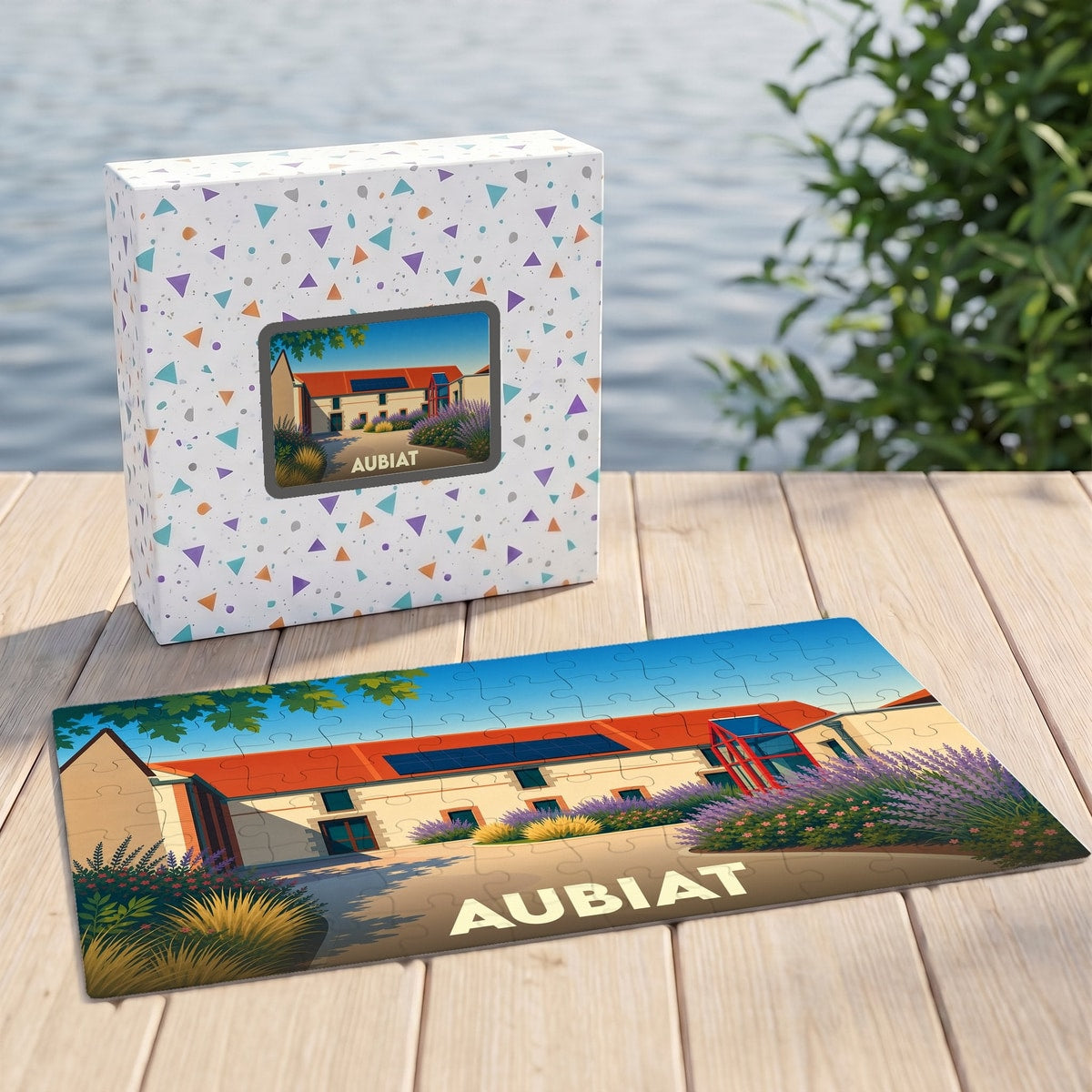 Puzzle souvenir de la ville d'Aubiat avec une illustration colorée et stylisée de ses bâtiments.