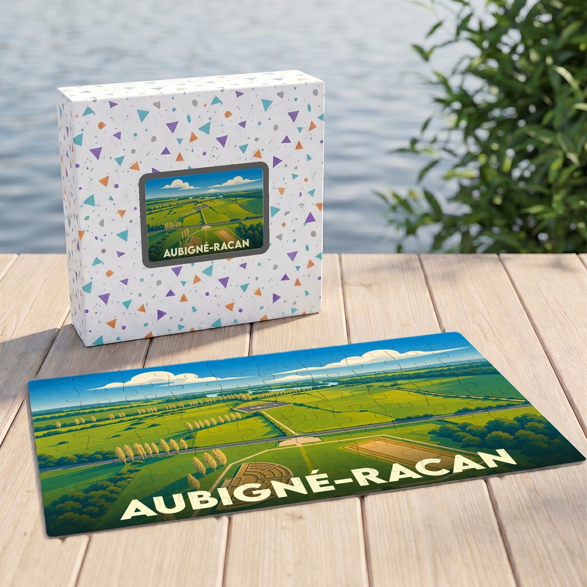 Puzzle souvenir de la ville d'Aubigné-Racan avec une illustration stylisée de son paysage et de son théâtre antique.