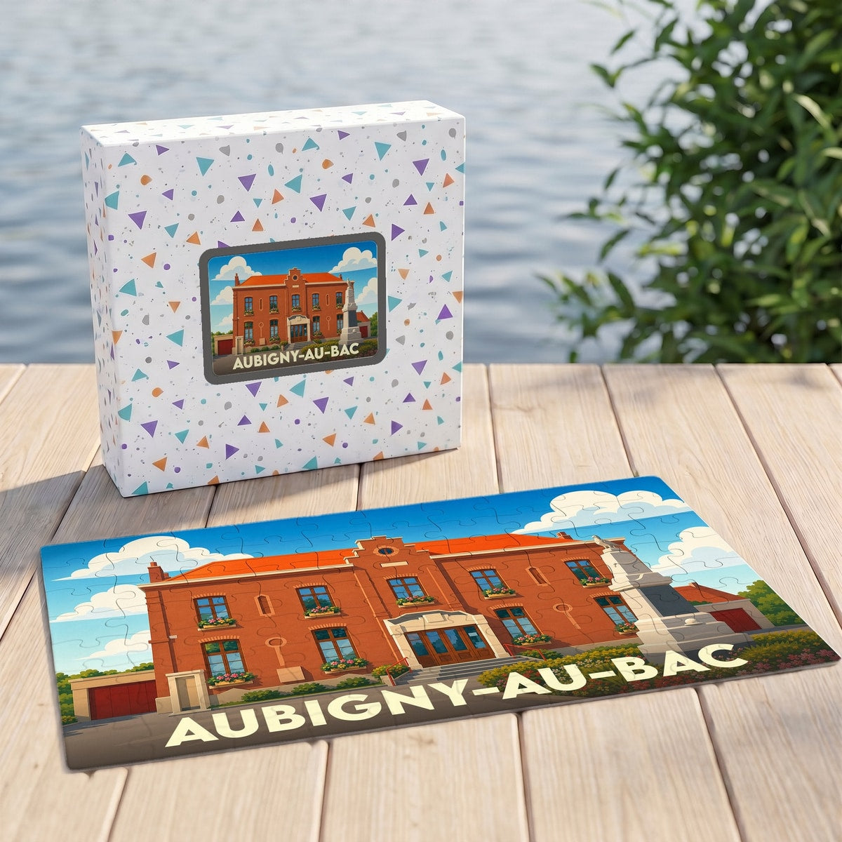 Puzzle souvenir de la ville de Aubigny-au-Bac avec une illustration stylisée de sa mairie.