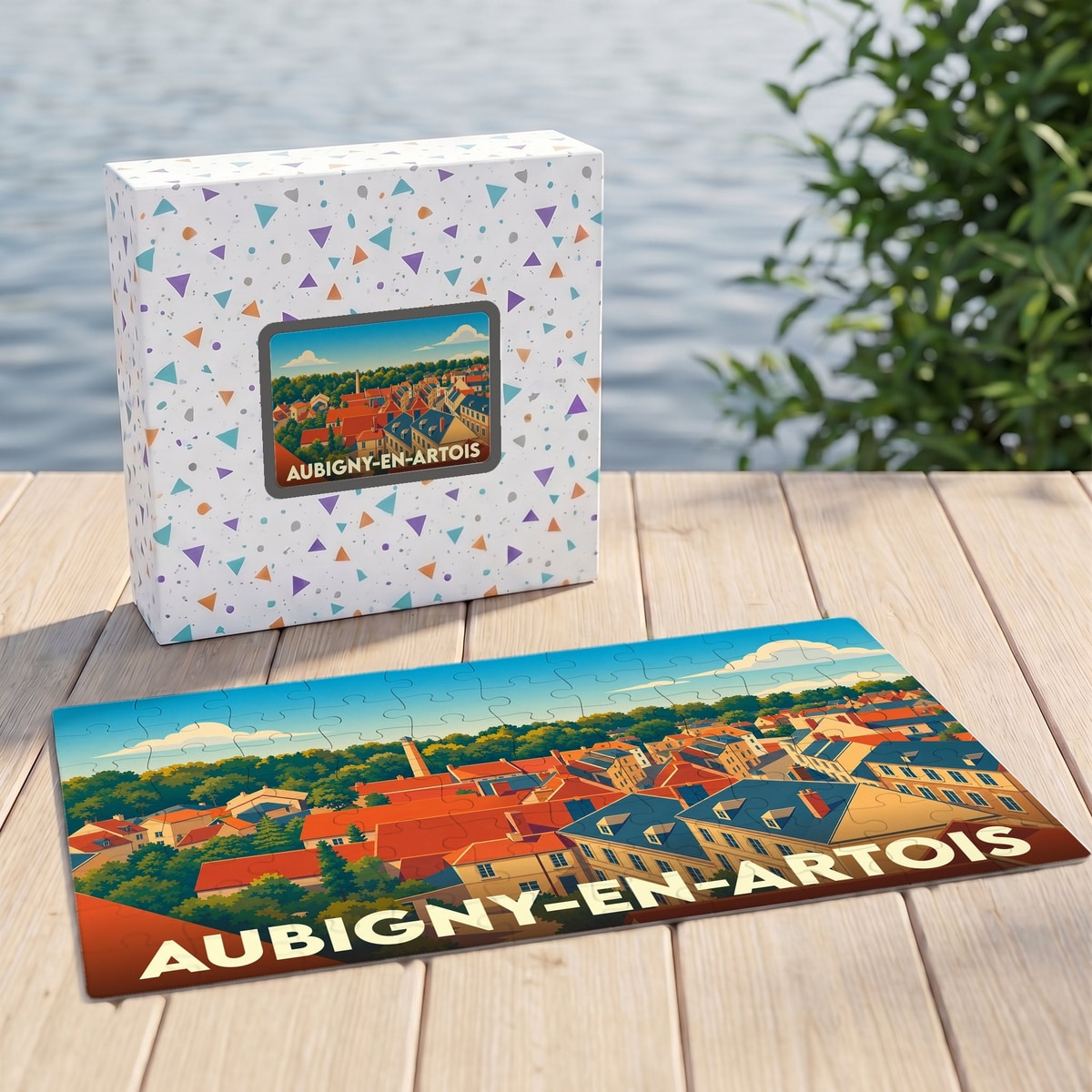 Puzzle souvenir de la ville d'Aubigny-en-Artois avec une illustration stylisée.