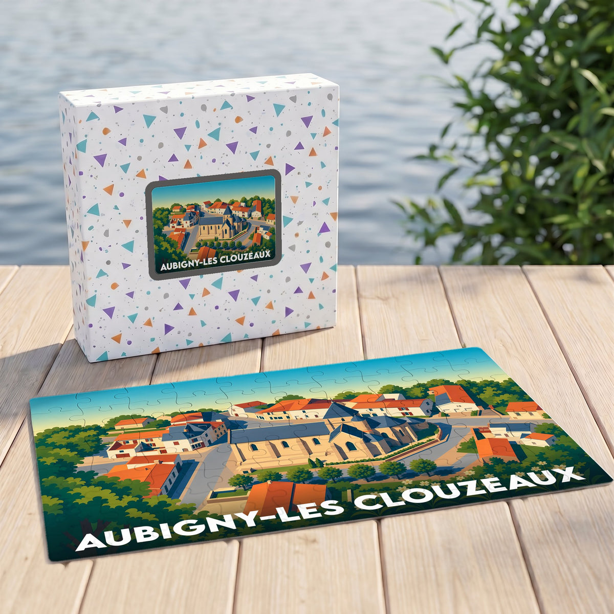 Puzzle souvenir de la ville d'Aubigny-Les Clouzeaux avec une illustration stylisée de son église et de ses maisons.
