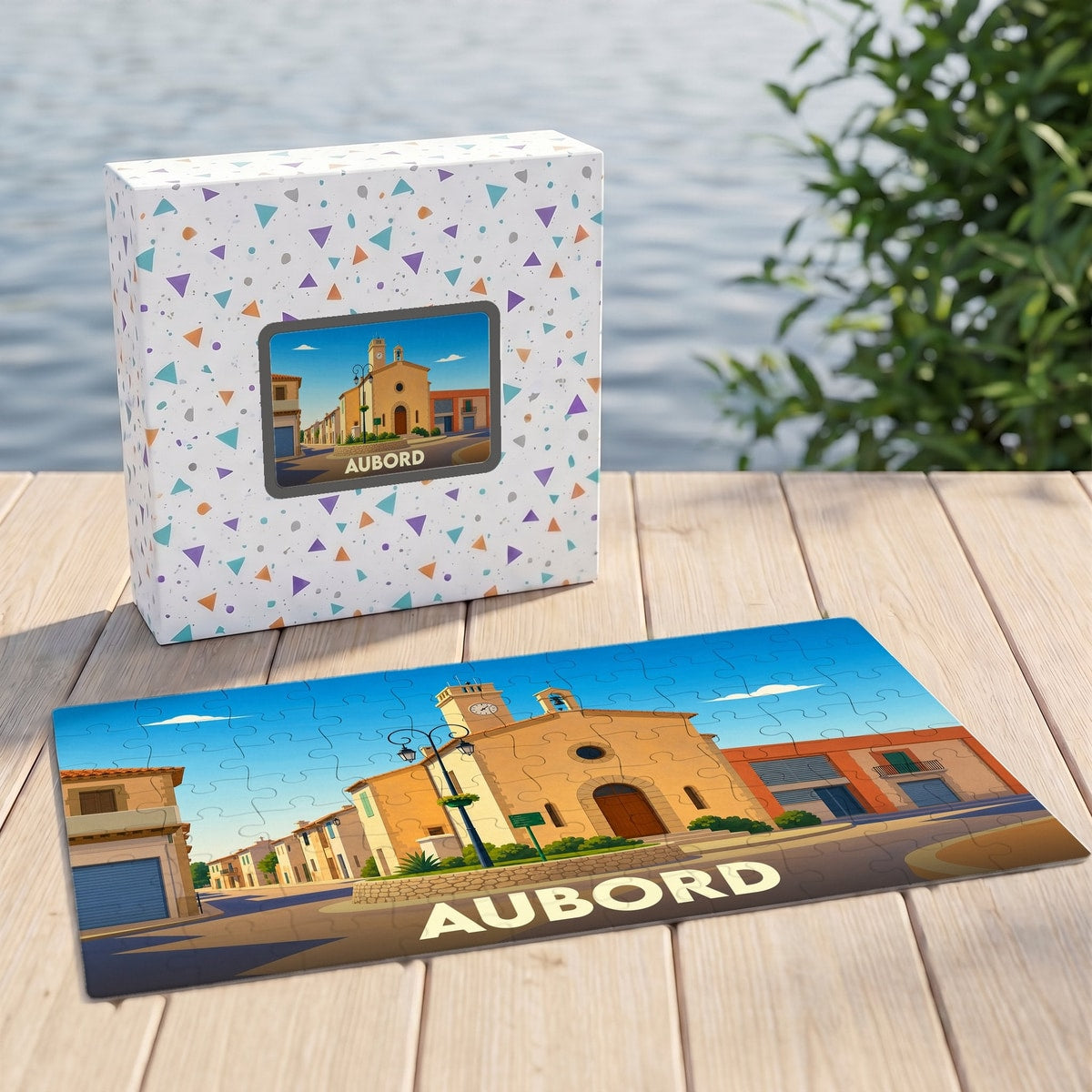Puzzle souvenir de la ville d'Aubord avec une illustration stylisée d'une place ensoleillée.