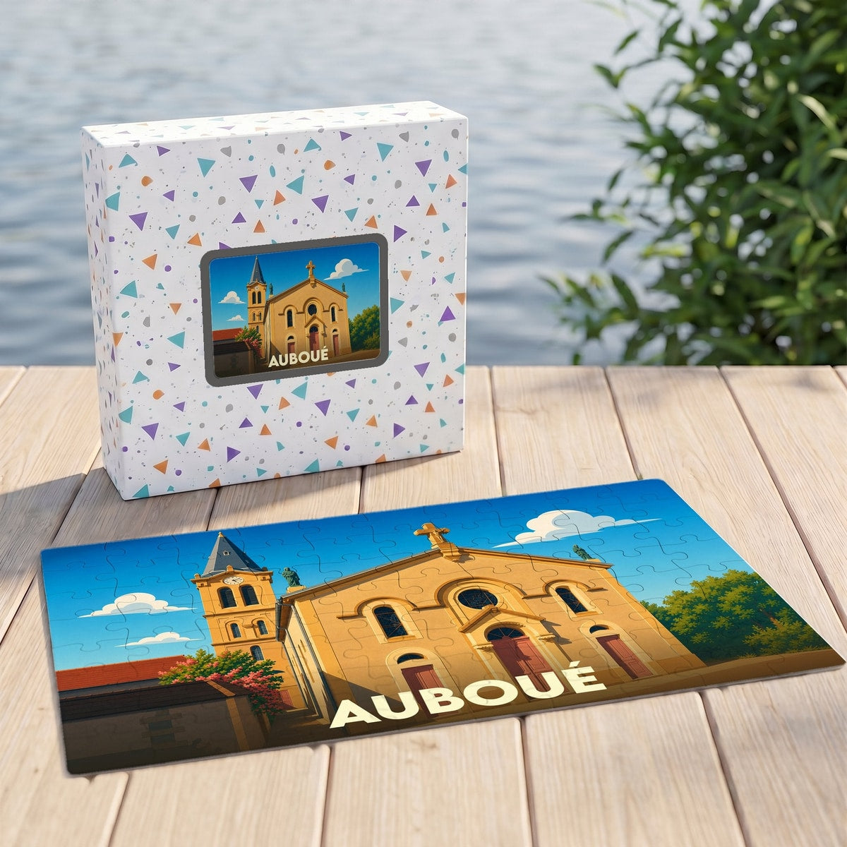 Puzzle souvenir de la ville d'Auboué avec une illustration stylisée de son église.