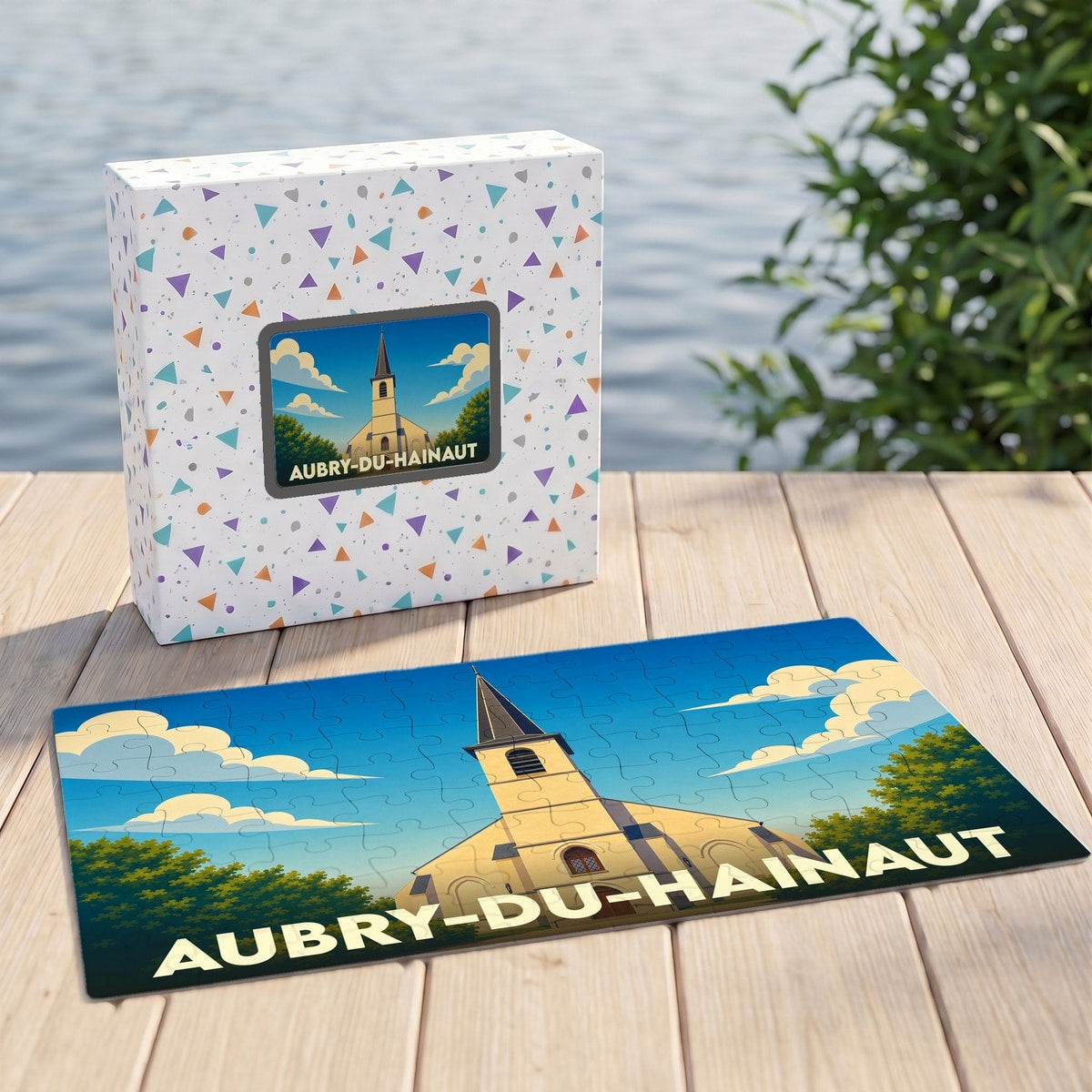 Puzzle souvenir de la ville de Aubry-du-Hainaut avec une illustration stylisée de son église.