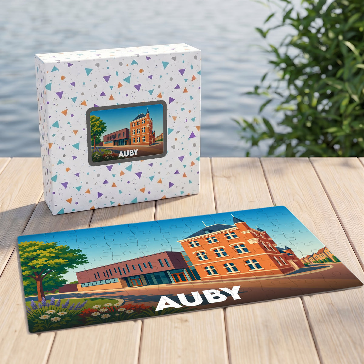 Puzzle souvenir de la ville d'Auby avec une illustration stylisée de son architecture.