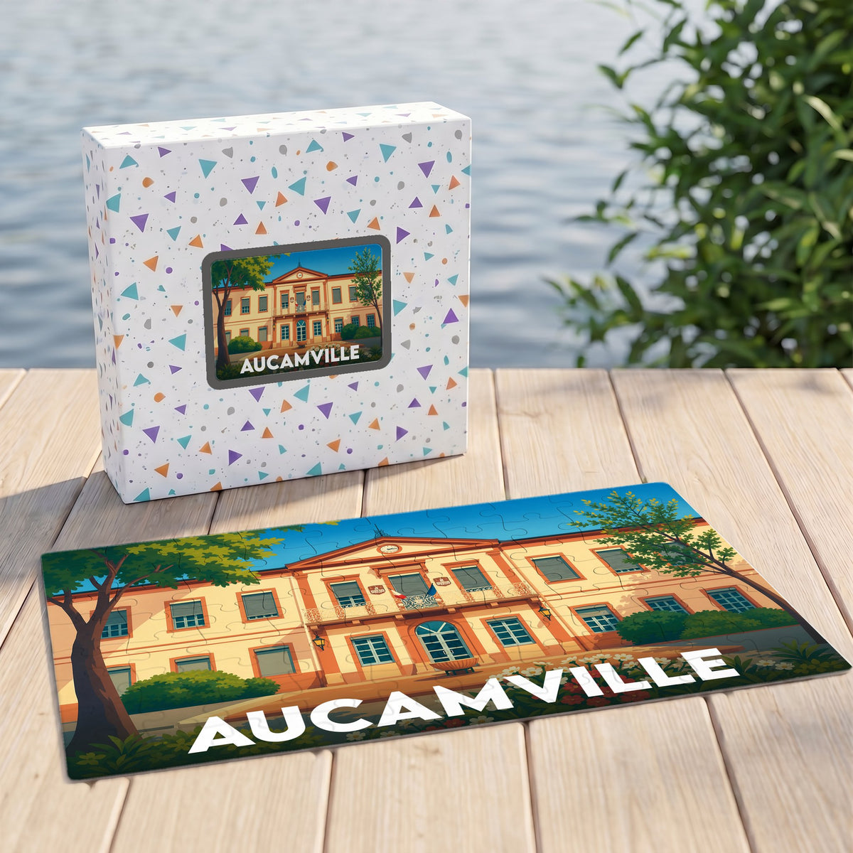 Puzzle souvenir de la ville d'Aucamville avec une illustration stylisée de sa mairie.