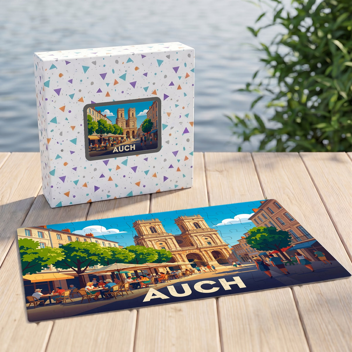 Puzzle souvenir de la ville d'Auch avec une illustration stylisée de sa cathédrale et de ses terrasses.