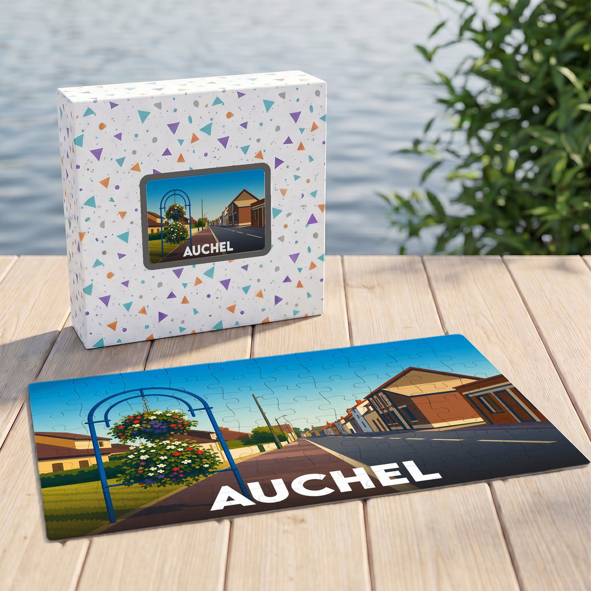 Puzzle souvenir de la ville d'Auchel avec une illustration stylisée d'une rue fleurie.